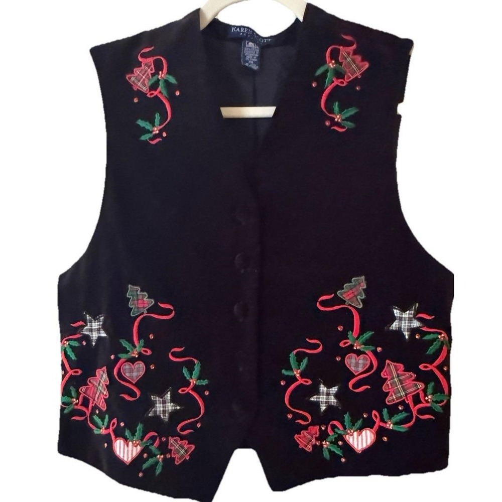 Karen Scott Women's Black Velvet Vintage Holiday Vest PM Tartan Plaid